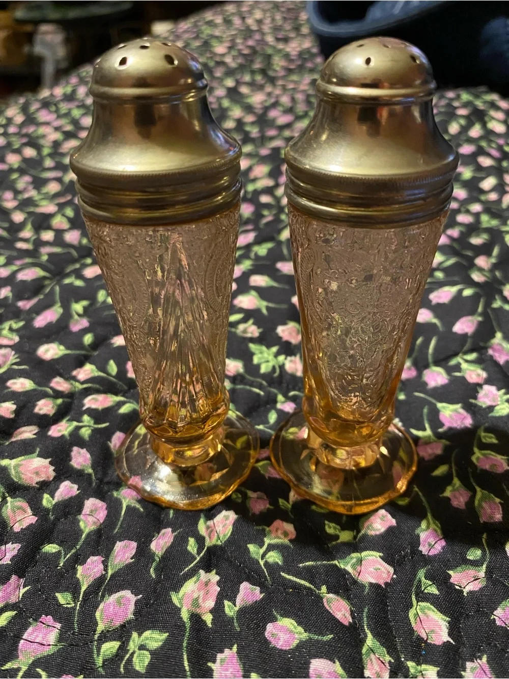 Amber Glass Salt and Pepper Shakers with Silver-Tone Tops